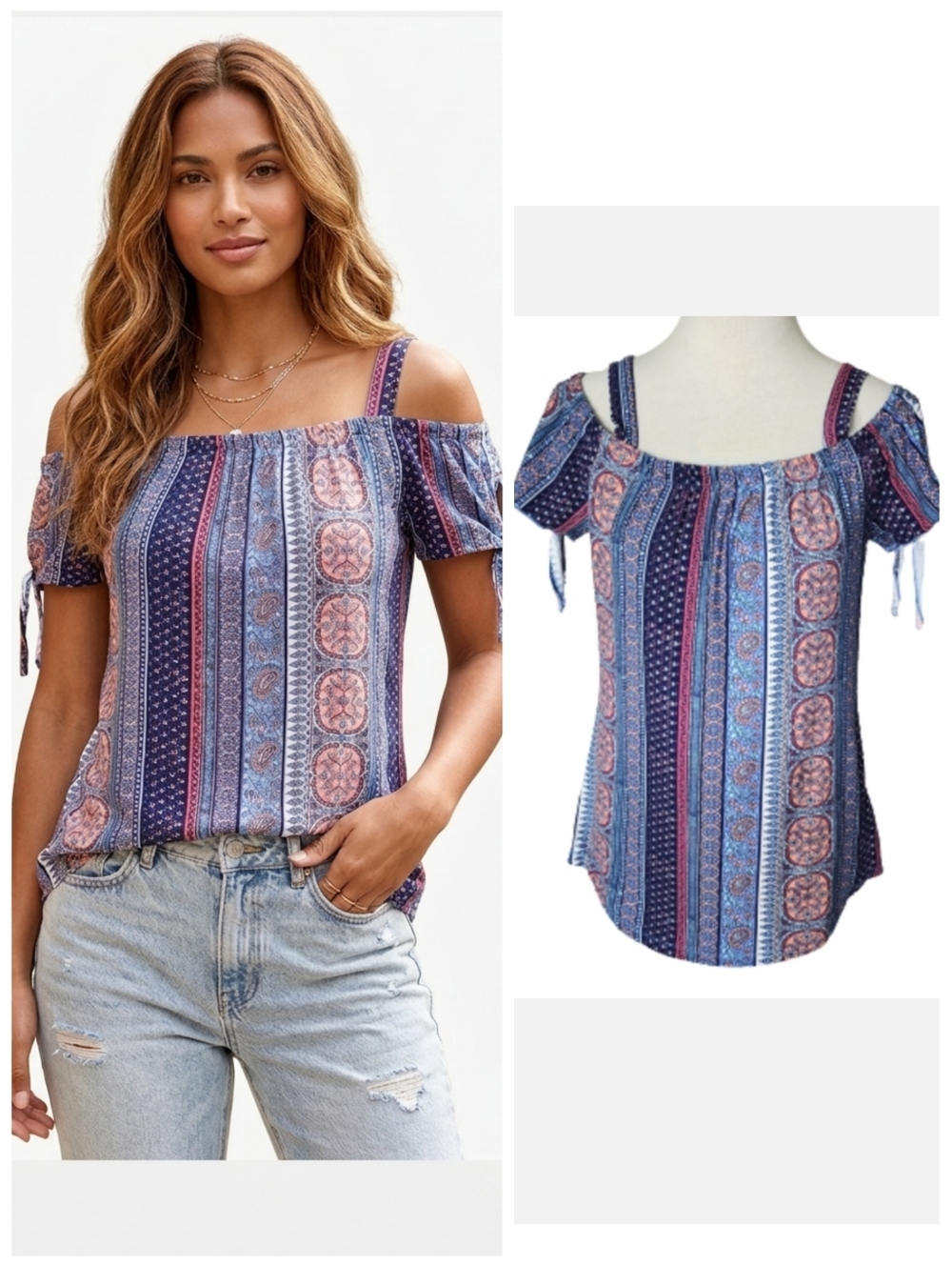 Bobbie Brooks women's cold shoulder paisley striped top Women's size small